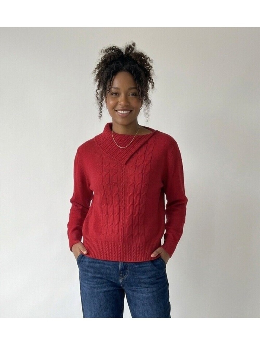 John Paul Richard Uniform Cable Knit Folded Split Collar Sweater Women’s Large